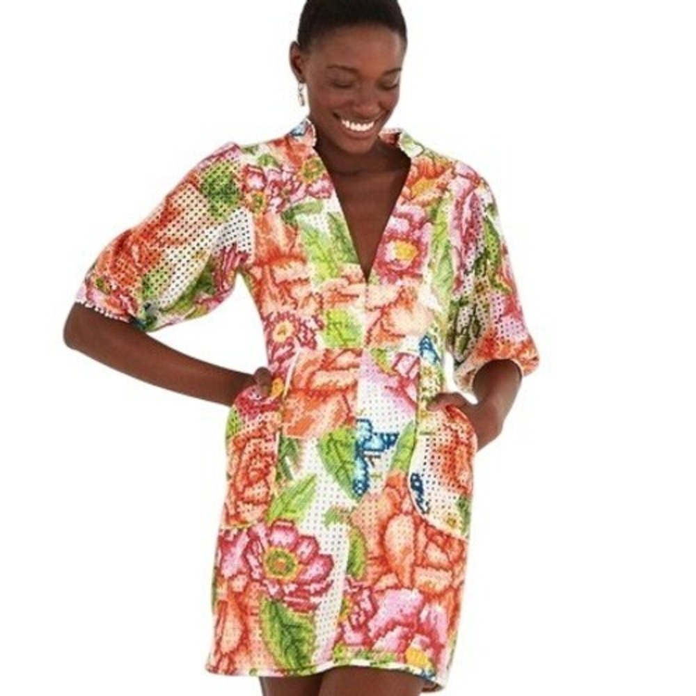 FARM Rio Women's Floral Printed Colleen Eyelet Puff Sleeve Mini Dress Size S NWT